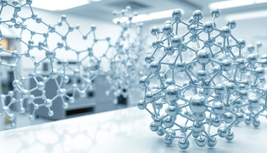 A highly detailed, scientifically accurate visualization of complex polymer self-assembly nanostructures. Intricate, interconnected molecular networks with distinct regions and patterns, captured under a crisp, evenly-lit laboratory setting. Varied geometric shapes, from spheres and cylinders to more intricate architectures, seamlessly assembled through dynamic self-organization. Precise, yet elegantly balanced composition, emphasizing the beauty and complexity inherent in these nanoscale molecular structures. A sense of order and underlying mathematical precision, hinting at the fundamental principles governing these self-assembling systems. Rendered with a clean, technical aesthetic to complement the scientific subject matter.