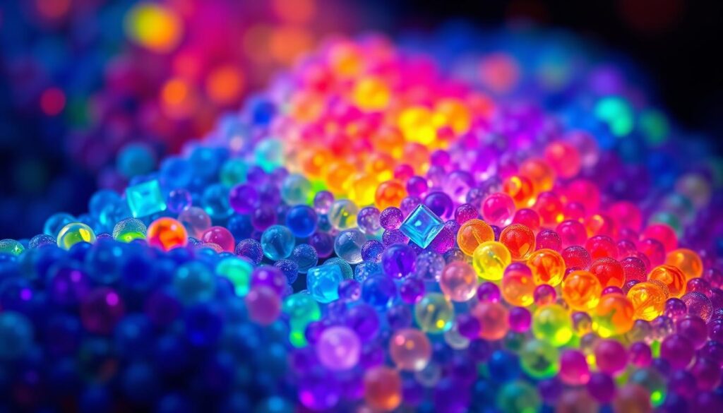 A microscopic view of a block copolymer system, revealing intricate nanoscale ordering and self-assembly. Vibrant, colorful patterns of alternating polymer domains emerge, creating a visually stunning display of the material's innate ability to spontaneously organize into complex structures. Illuminated by soft, diffuse lighting that accentuates the subtle textures and contours, the image captures the essence of copolymer behavior at the smallest scales, hinting at the extraordinary versatility and potential of these remarkable materials.
