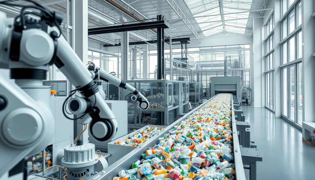 A modern, state-of-the-art plastic recycling facility. In the foreground, robotic arms efficiently sort and process various plastic waste materials. In the middle ground, a conveyor belt transports the sorted plastics to high-tech recycling machinery, where they are melted, purified, and extruded into pellets. In the background, a panoramic view of the entire plant, with clean, minimalist architecture and large windows that allow natural light to flood the space, creating a sense of openness and environmental awareness. The lighting is bright and even, highlighting the precision and technological sophistication of the recycling process. The overall mood is one of innovation, sustainability, and a commitment to a circular economy.
