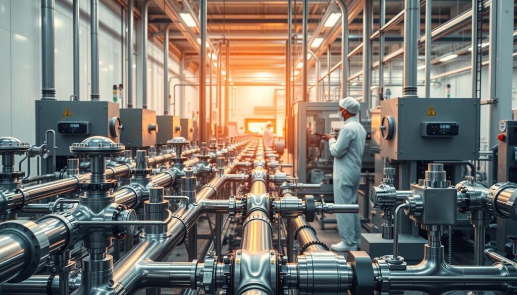 A sleek, modern industrial facility bustles with activity. In the foreground, a maze of gleaming steel pipes and valves transports a steady flow of polymers, their molecular structures shifting and adapting to specialized applications. Technicians in clean-room attire oversee the process, monitoring gauges and readouts with precision. Beyond, state-of-the-art machinery whirs, shaping and molding the versatile materials into a diverse array of innovative products. Diffused lighting casts a warm, technical glow, highlighting the interplay of rigidity and flexibility that defines these chemical chameleons. The scene conveys a sense of precision, innovation, and the seamless integration of polymer science with industrial engineering.