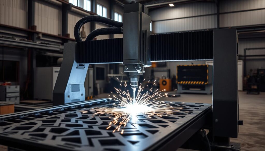A state-of-the-art CNC plasma cutting machine, its cutting torch slicing through steel with surgical precision. Sparks fly as the plasma arc dances across the metal surface, leaving behind intricate geometric patterns. The machine's industrial frame casts dramatic shadows, creating a chiaroscuro effect. The workshop's high ceilings and utilitarian aesthetic lend an air of technical sophistication. Diffused lighting floods the scene, highlighting the machine's sleek design and the raw power of the cutting process. This is the epitome of modern manufacturing, where cutting-edge technology transforms raw materials into custom-crafted masterpieces.