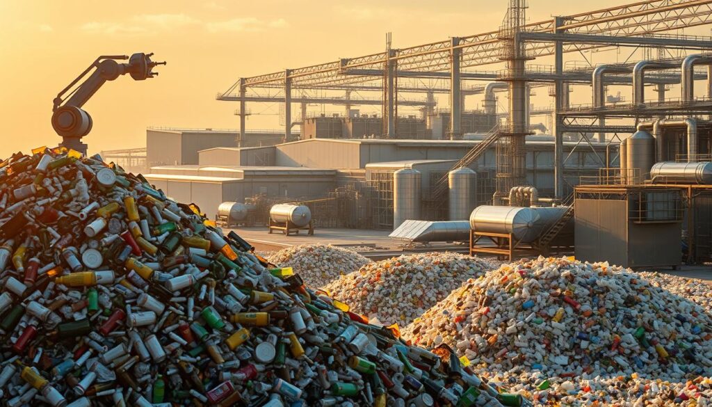 A striking industrial landscape, bathed in warm, golden light. In the foreground, a towering pile of discarded plastic bottles, cans, and packaging materials undergoes a remarkable transformation. Robotic arms deftly sort and process the waste, breaking it down into its component materials. In the middle ground, sleek, high-tech machinery hums with activity, refining and reforging the recycled plastics into pristine, shimmering pellets. In the background, a sprawling facility stands as a testament to the future of sustainable manufacturing, its gleaming facades reflecting the progress of this innovative waste-to-product process. The scene conveys a sense of purpose, efficiency, and a vision for a circular economy where waste is no longer an inevitability, but a valuable resource.