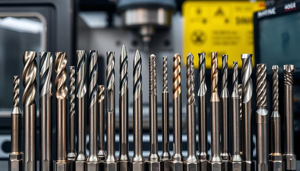 Precision machining tools, their metallic bodies gleaming under focused lighting, arranged in an artful display. Sleek end mills, sharp drills, and intricate taps stand at the ready, poised to carve intricate designs with unparalleled accuracy. In the background, the blurred silhouettes of a CNC machine and precision workpieces hint at the power of these tools to transform raw materials into high-quality custom parts. A sense of technical mastery pervades the scene, showcasing the pinnacle of CNC machining capabilities.