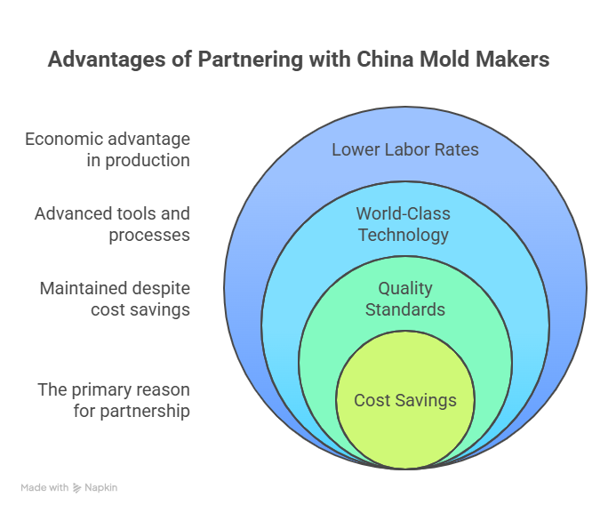 china-plastic-injection-mold-maker-advantages-infographic Advantages of partnering with China mold makers infographic showing nested benefits including lower labor rates, world-class technology, quality standards, and cost savings for plastic injection mold maker in China