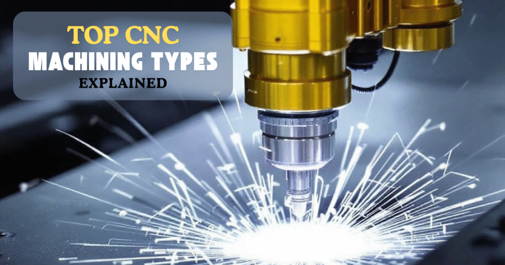 Close-up of a CNC machine in action with sparks flying, illustrating various CNC machining types.