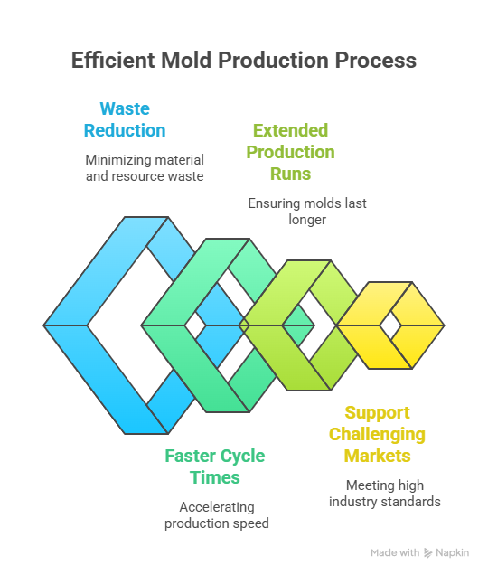 efficient-mold-production-process-plastic-injection-mold-maker-china Efficient mold production process infographic showing benefits of working with plastic injection mold maker in China including waste reduction and faster cycle times