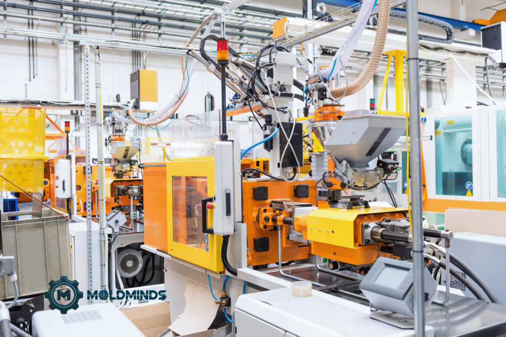 a picture of an injection molding machine which you will find at many plastic injection molding companies.