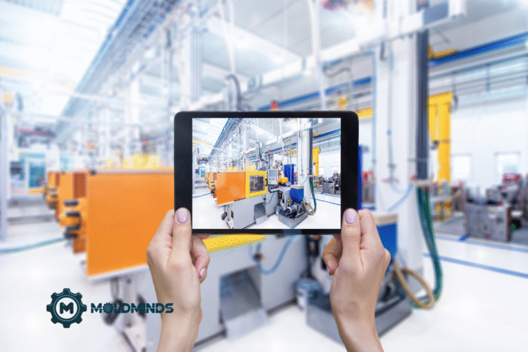 a picture of a person using a tablet taking a picture of a plastic injection molding company floor.