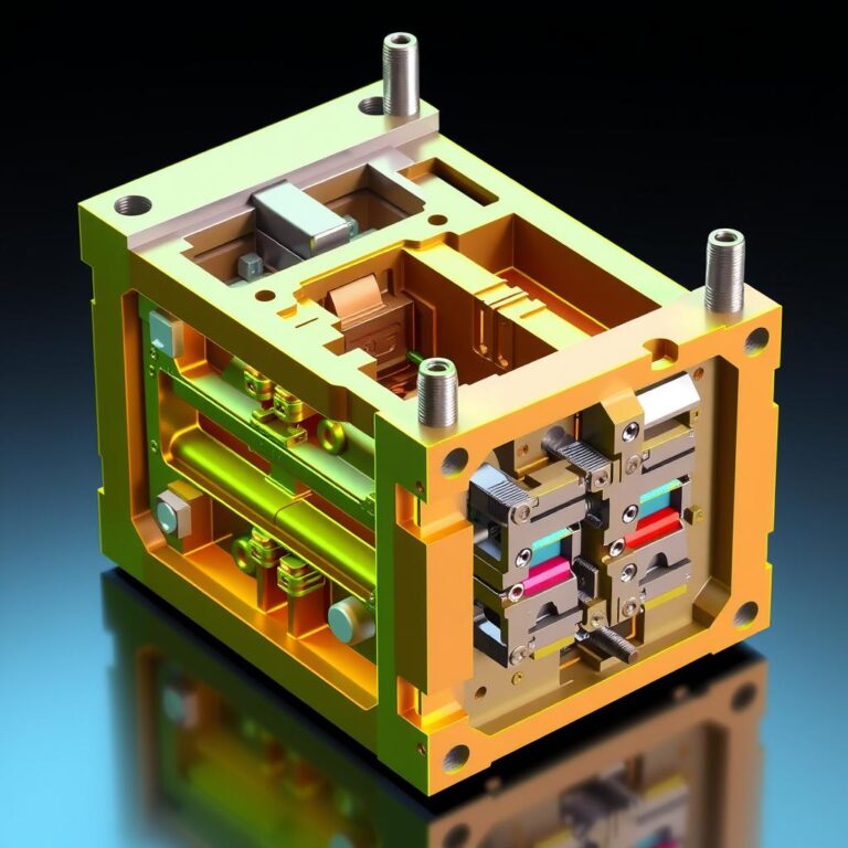 3D CAD model showing complex plastic injection mold design with cooling channels