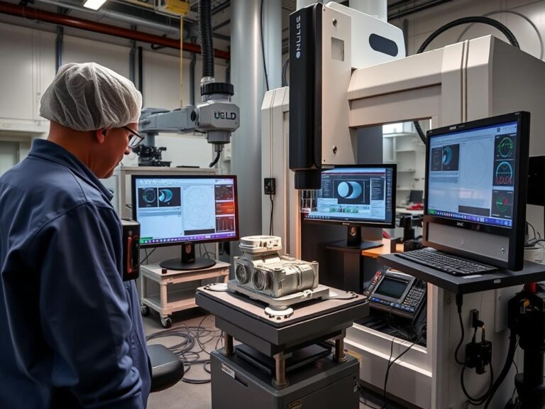 Quality assurance specialist performing detailed inspection of plastic injection mold components
