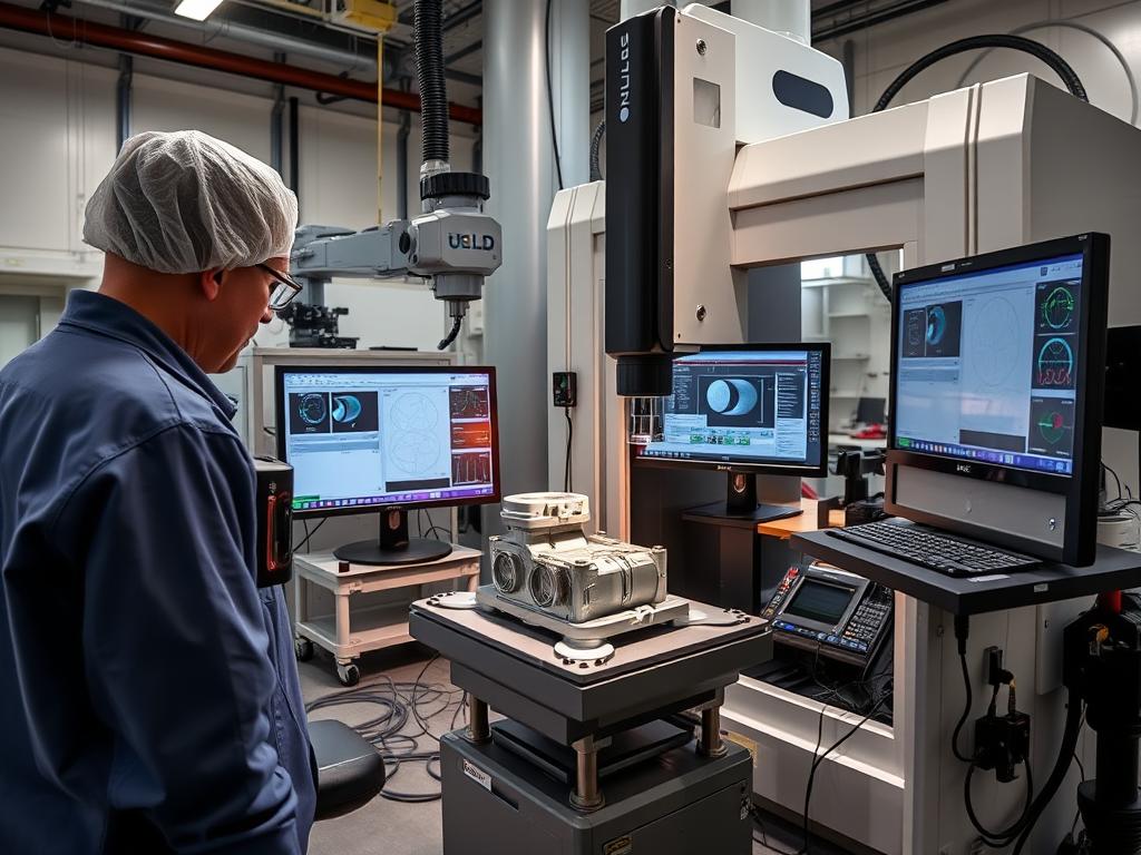 Quality assurance specialist performing detailed inspection of plastic injection mold components