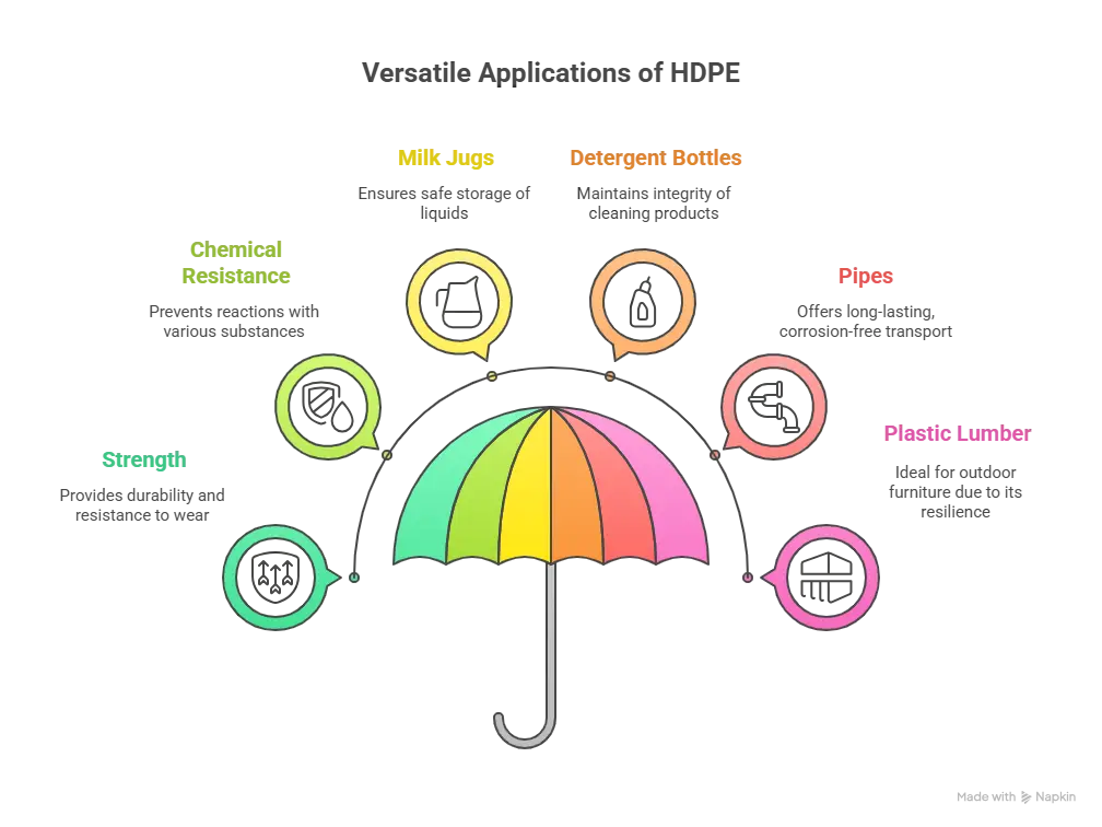 HDPE applications infographic showing differences between HDPE and LDPE uses: milk jugs, pipes, detergent bottles, plastic lumber