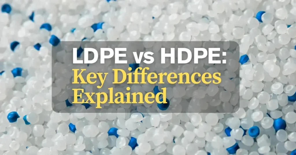 LDPE vs HDPE Key Differences Explained title overlay on plastic pellets background showing low density vs high density polyethylene materials.
