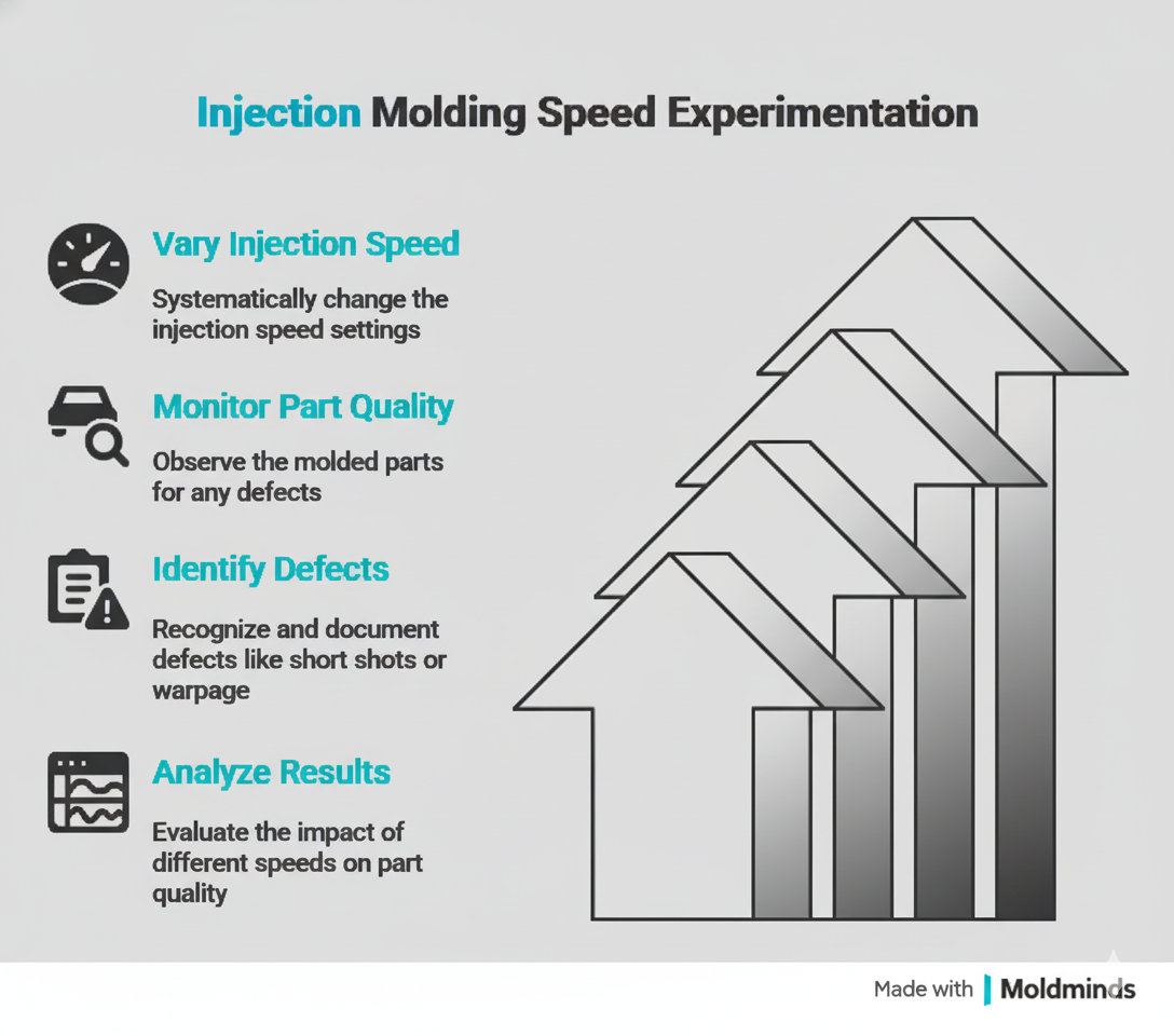 An injection molding machine in operation, demonstrating speed experimentation and optimization.