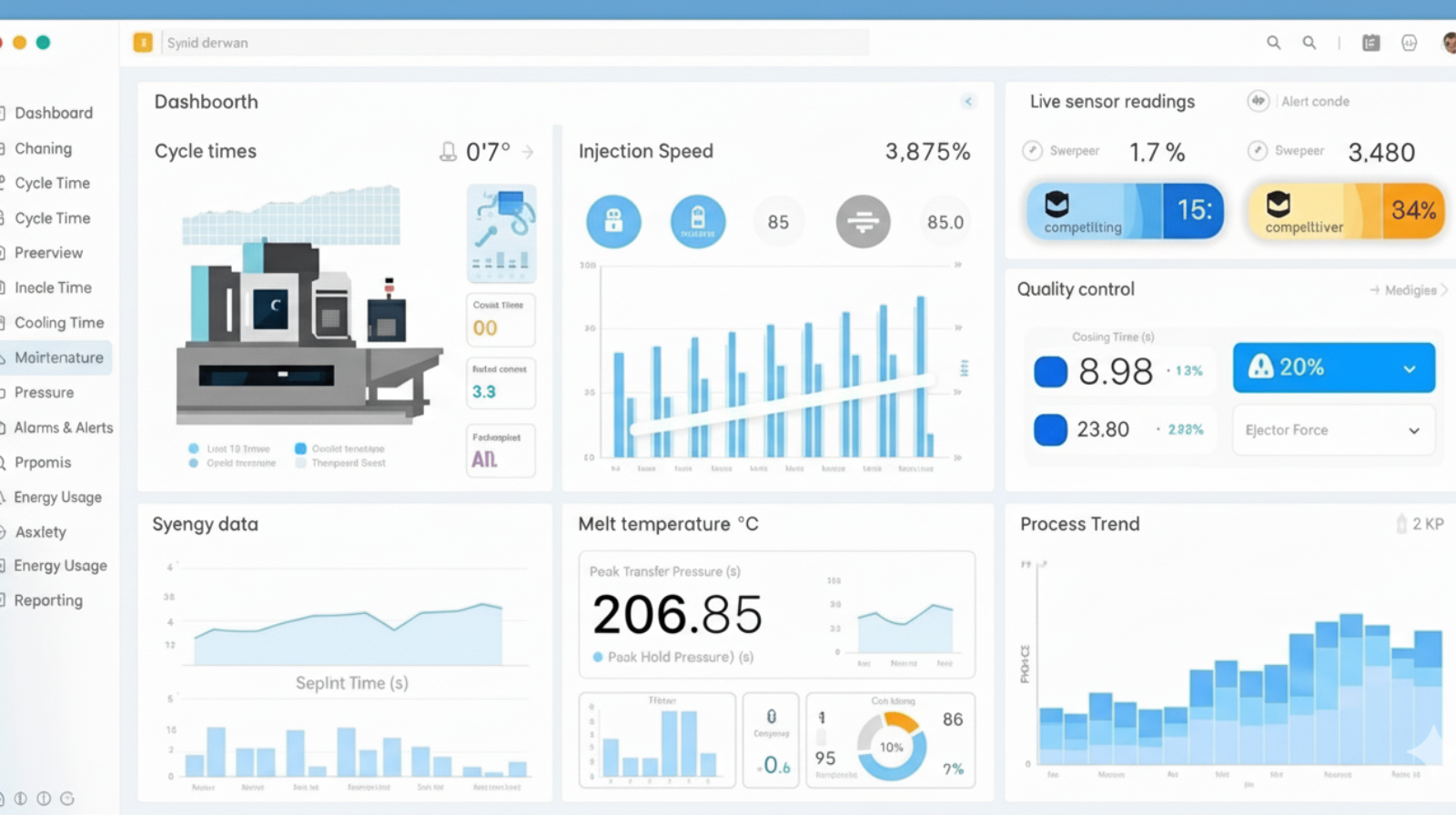 A real-time IoT dashboard monitoring injection molding process control.