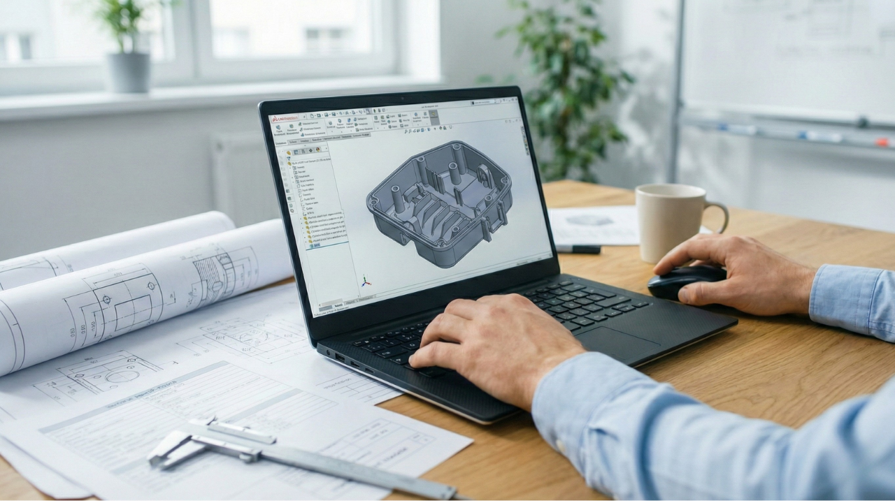 Engineer reviewing technical drawings and CAD files for RFQ preparation