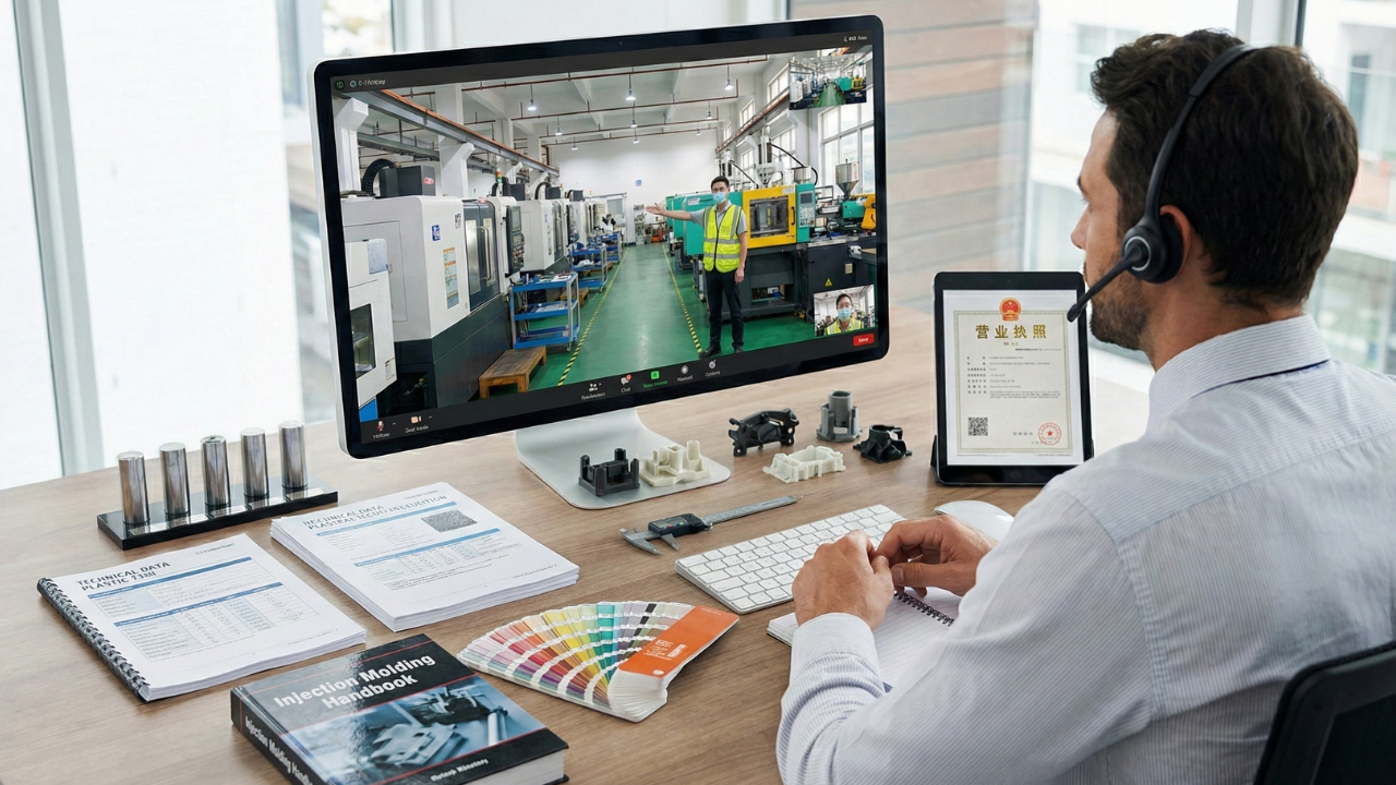 Engineer conducting virtual factory tour and due diligence review with injection mold manufacturer