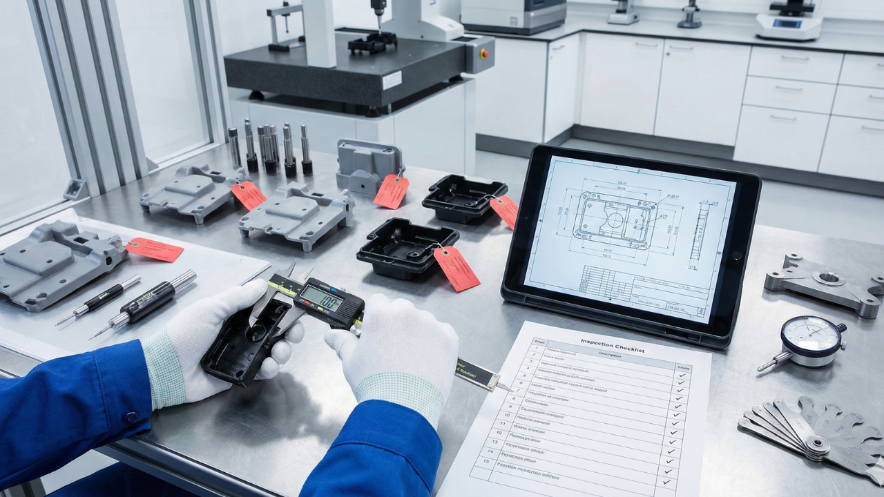 Quality engineer conducting first article inspection of injection molded plastic parts with precision measuring tools