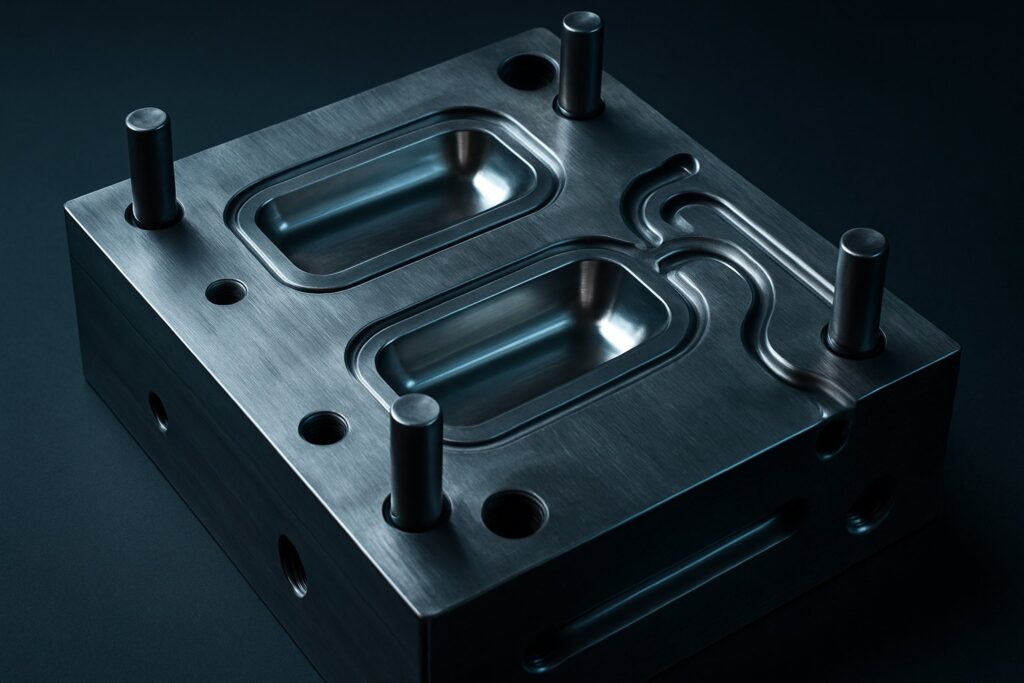 Close up of a hardened steel injection mold with cavities