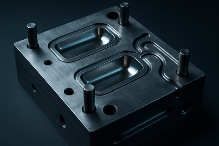 Close up of a hardened steel injection mold with cavities
