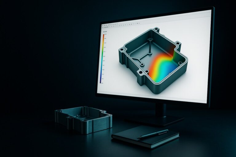 Moldflow fill-time result displayed on a monitor beside a molded part