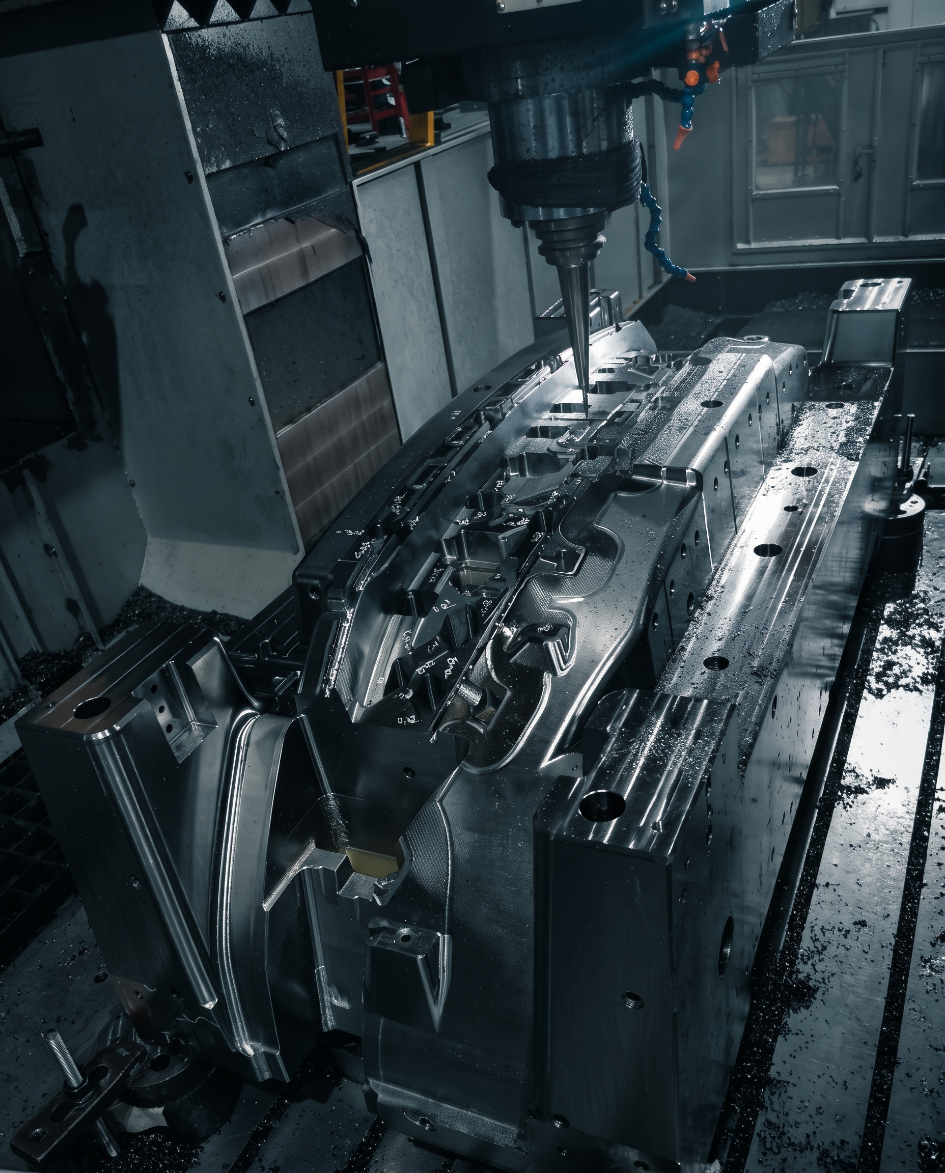 5-axis machining center cutting injection mold steel at a MoldMinds partner shop