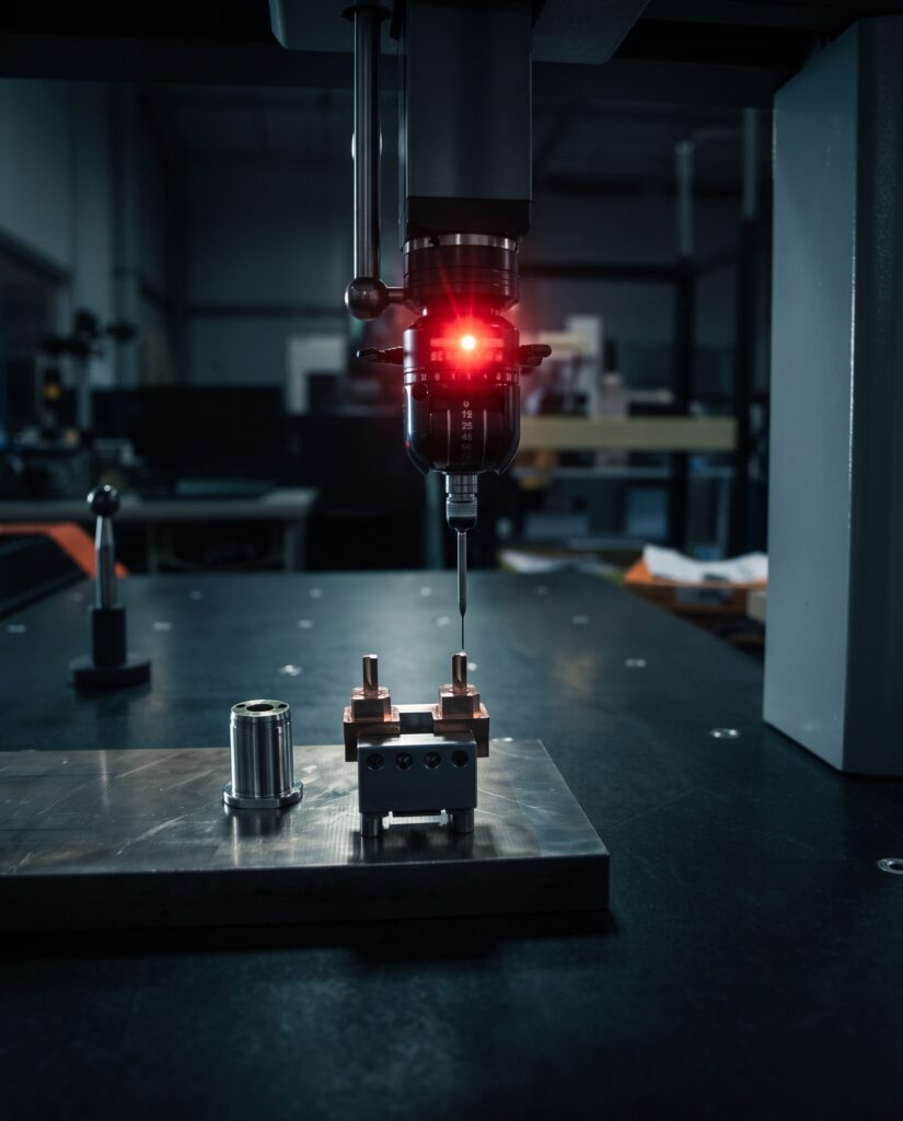 CMM touch probe inspecting a machined mold insert